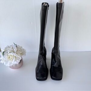 VTG Capezio Black Leather High Boots Sz 9M Square Toe Block Heel Y2K EXCELLENT